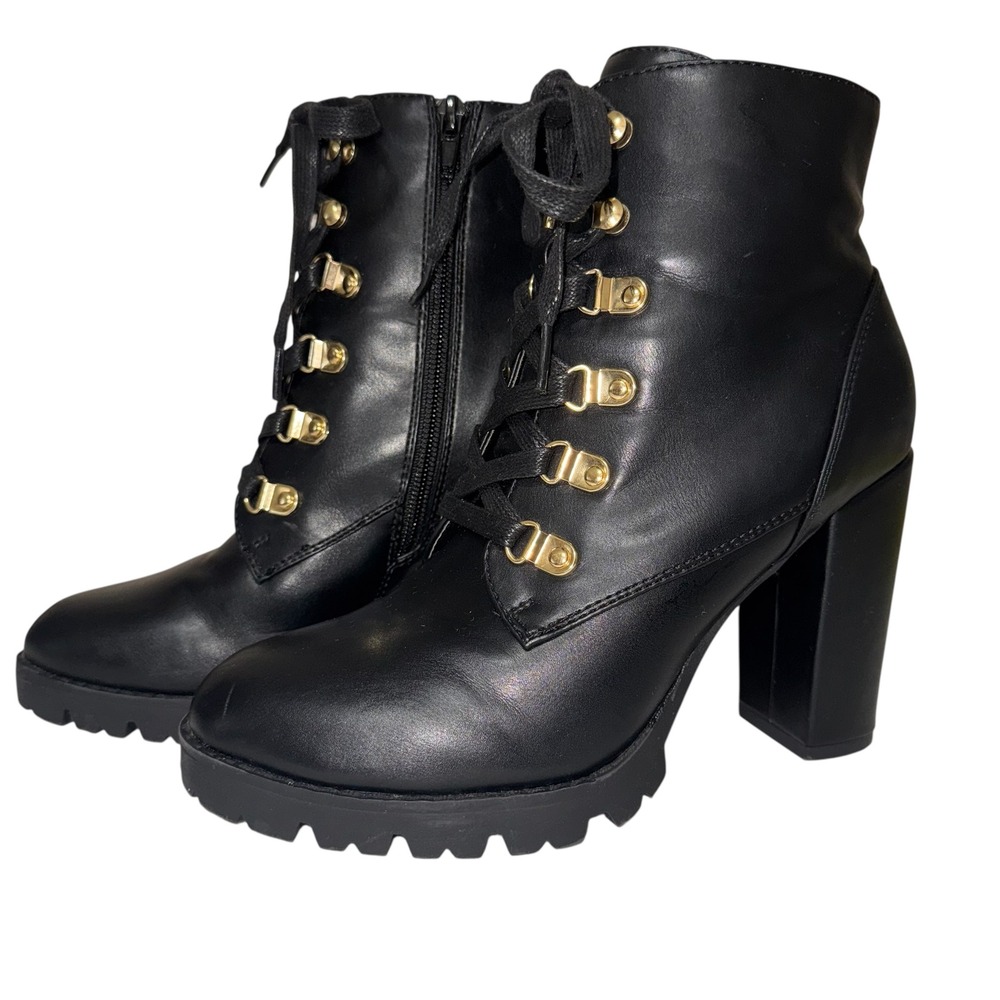 Express Women's Black Lace‎ Up Ankle Boots Gold Accent Lug Heel Booties